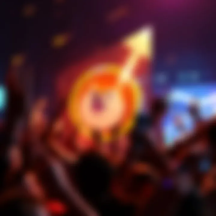 A digital graphic showing the Dogecoin logo with an upward trend arrow, surrounded by excited people celebrating its value increase.