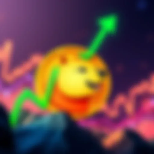 A Dogecoin logo with a green upward trend line representing market growth