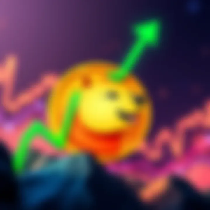 Dogecoin logo with rising graph A Dogecoin logo with a green upward trend line representing market growth