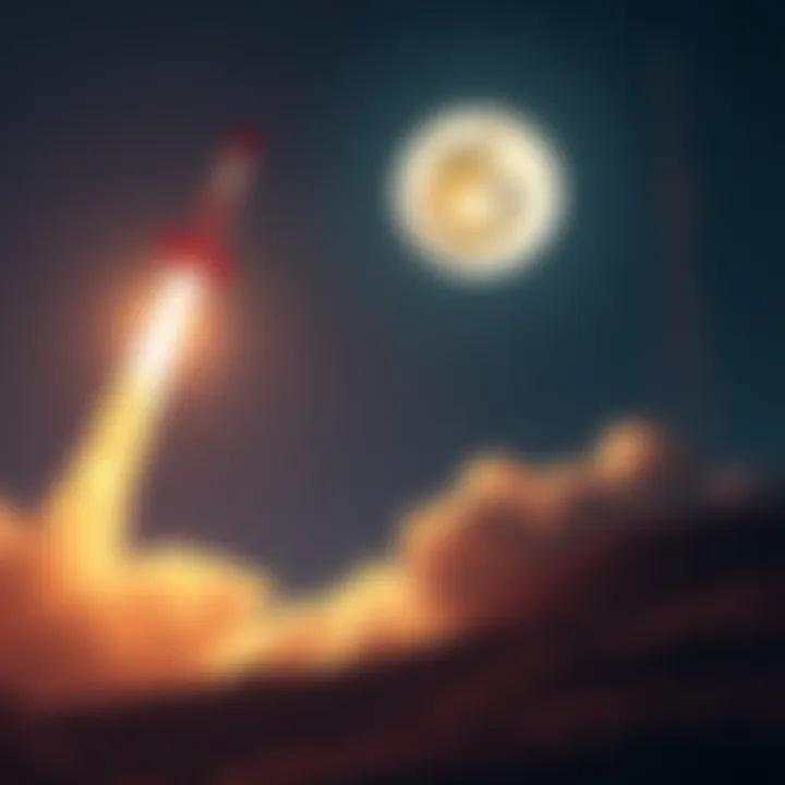 Dogecoin Rocket Launching Towards Moon A rocket with the Dogecoin logo taking off towards the moon amidst a starry sky