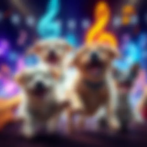 A lively scene with dogs playing and a music note background, representing the song 'Who Let the Dogs Out'.