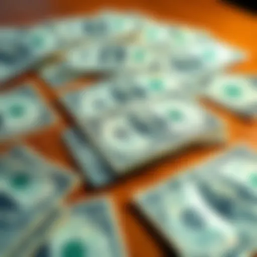 A close-up view of several dollar bills spread out on a wooden table, symbolizing currency and its value in transactions.