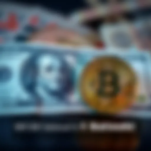 A dollar bill placed next to a Bitcoin symbol, symbolizing the future value relationship between currency and cryptocurrency.