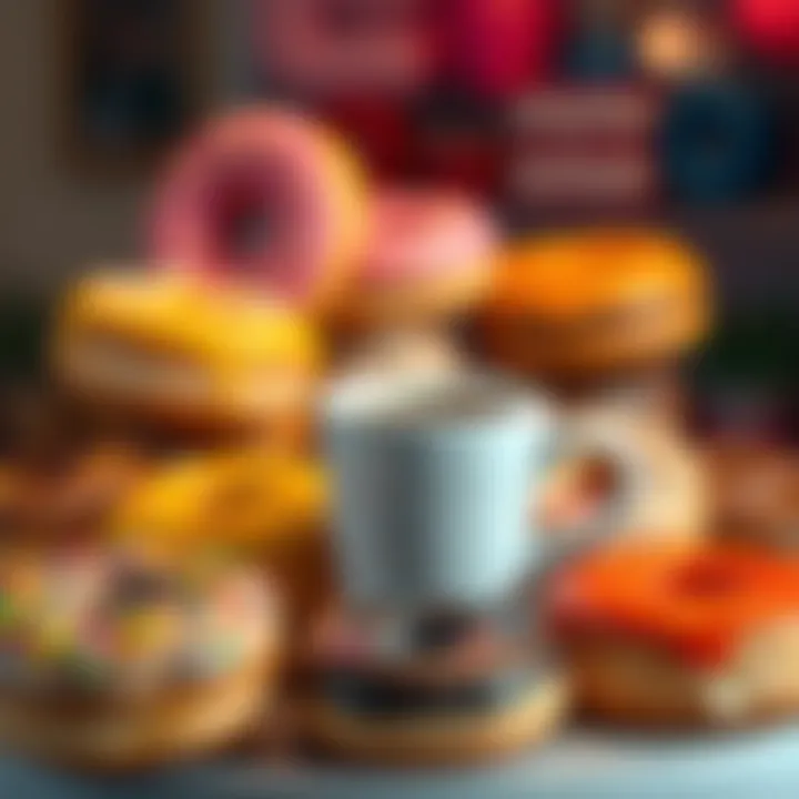 A colorful assortment of donuts with a coffee cup, symbolizing a friendly discussion among people.
