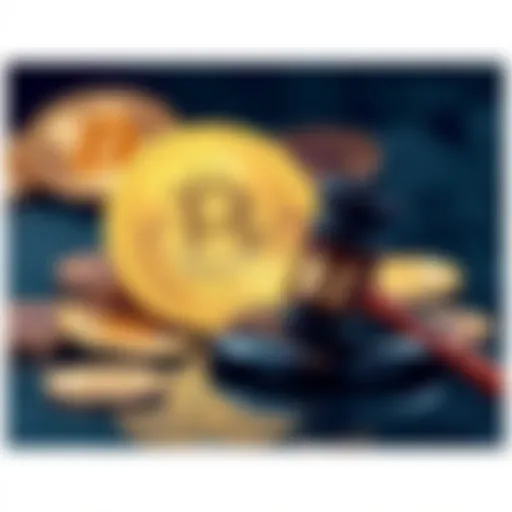 A visual representation of Bitcoin coins fading in the background, with a gavel symbolizing legal challenges in the foreground.