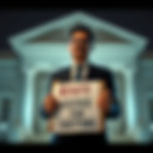 Dr. Sharma standing in front of a courthouse, holding a sign that reads 'Justice for Victims'.