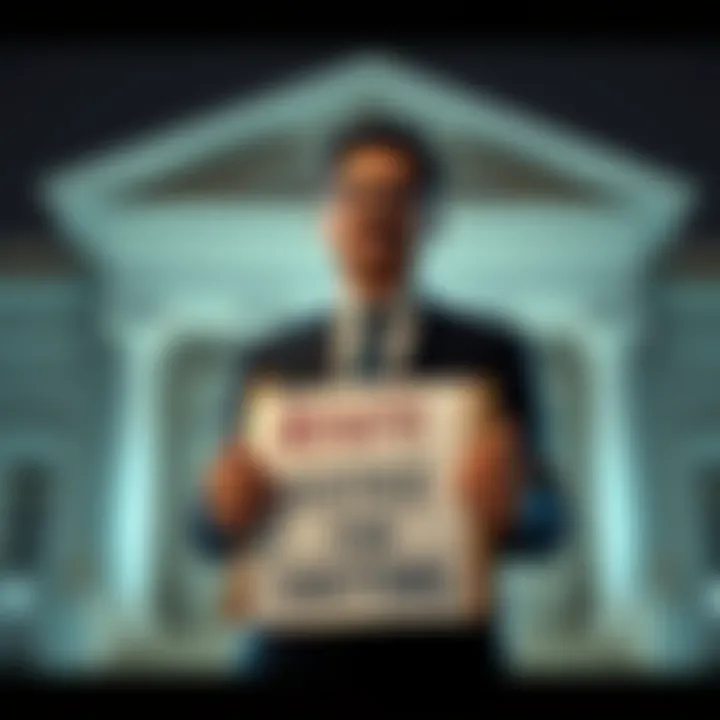 Dr. Sharma standing in front of a courthouse, holding a sign that reads 'Justice for Victims'.