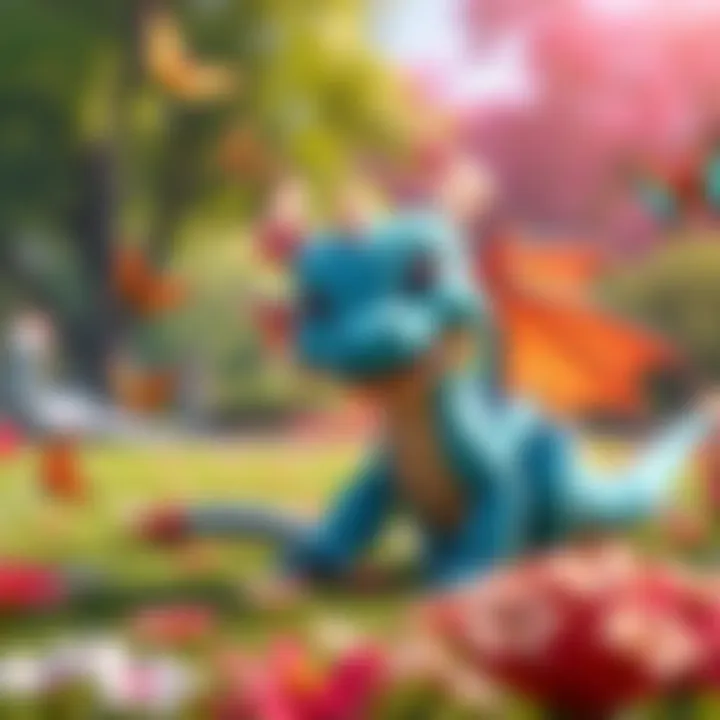A colorful dragon character named Cassie laughing and playing with friends in a sunny park setting, surrounded by vibrant flowers and butterflies.