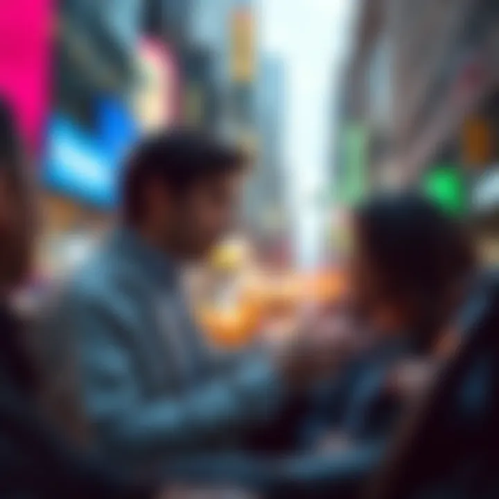 A driver converses with another driver about acceptance rates and earnings potential in a busy urban setting.