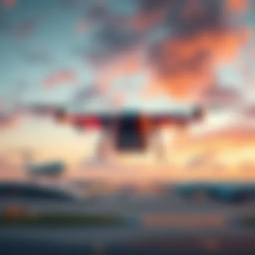 A drone flying above an airport, showcasing the new delivery system for efficient logistics.