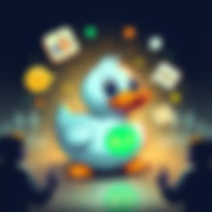 Duck Test with Patos Logo A cartoon duck with the Patos cryptocurrency logo, surrounded by symbols representing community engagement, such as people holding hands and speech bubbles.