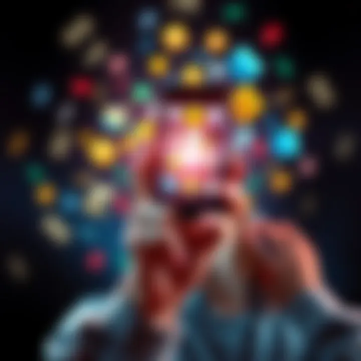 Person holding a smartphone with app icons and cash in the background, representing earning money through downloading apps in the USA