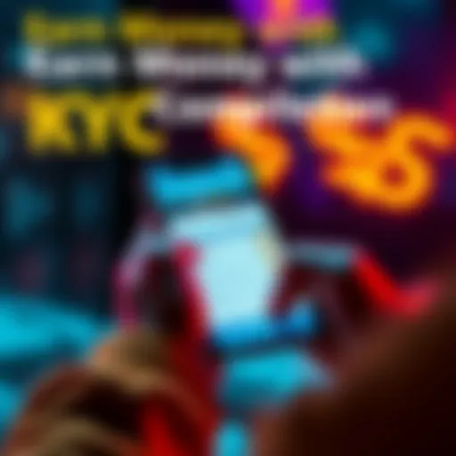 A person completing KYC form on a smartphone, with cash symbol in the background