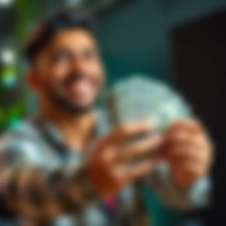 A person holding cash with a smile, symbolizing easy earnings.