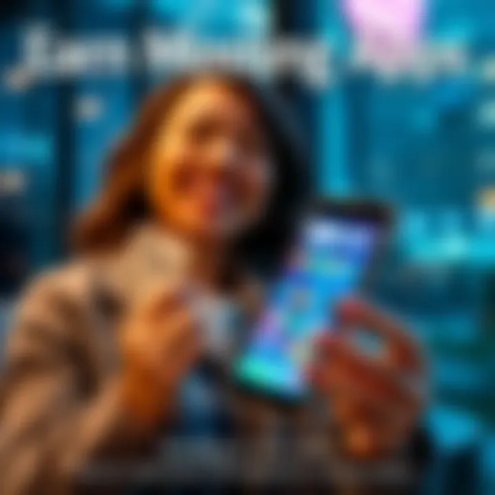 A person holding a smartphone with app icons on the screen, looking pleased while holding cash