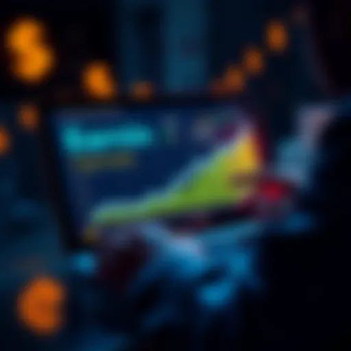 Graph showing high yield growth with USDT, USDC, SOL, BTC, and ETH. Person analyzing data on a laptop with dollar signs in the background.