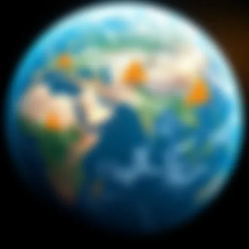 A satellite view of Earth showing various highlighted parcels of land, representing a user's property locations synced with Google Earth.