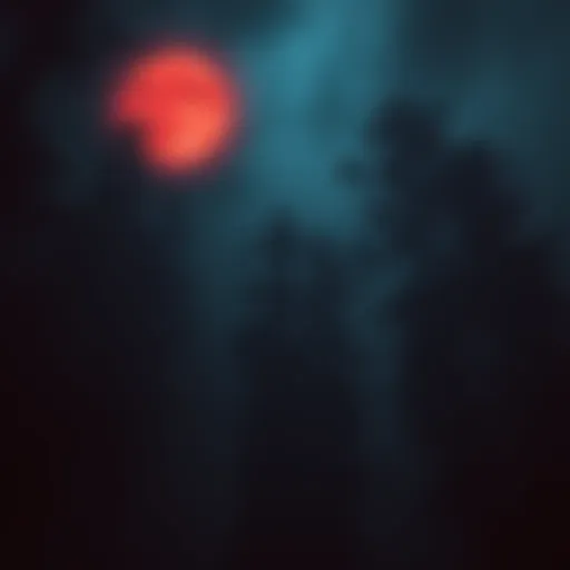 A dark forest illuminated by a glowing red moon, creating a chilling atmosphere, with shadows and mist weaving through the trees.
