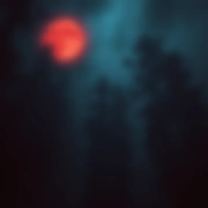 Eerie Red Moon Over a Dark Forest A dark forest illuminated by a glowing red moon, creating a chilling atmosphere, with shadows and mist weaving through the trees.