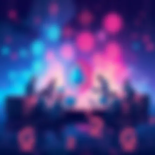 Illustration of a digital cooperative mining pool with people collaborating on blockchain technology and Merkle Sum Tree concept.