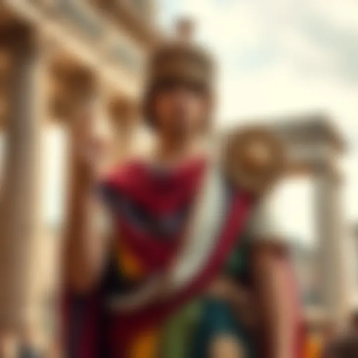 A young Roman emperor dressed in colorful robes, standing confidently with a sun-god symbol in his hand, amid a backdrop of Roman architecture.