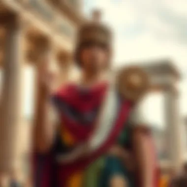 Elagabalus the Roman Emperor A young Roman emperor dressed in colorful robes, standing confidently with a sun-god symbol in his hand, amid a backdrop of Roman architecture.