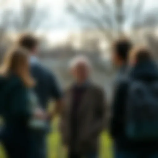 An elderly person in a park talking to a group of young adults, illustrating intergenerational conversation about life extension and its effects on society.