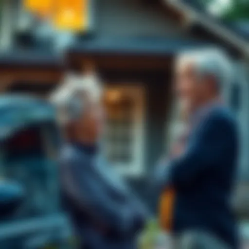 An elderly woman and a homeowner have a heated discussion about car insurance in front of a house