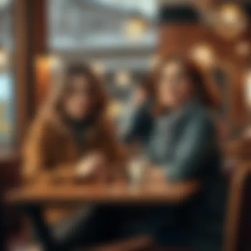 Elena and Gail sitting together at a cozy cafe, sharing a conversation with thoughtful expressions on their faces.