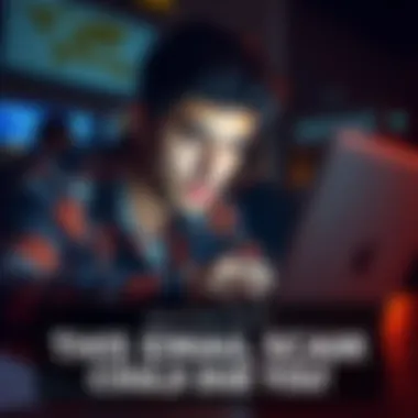 A person inspecting a suspicious email on a laptop, looking concerned about potential scams.