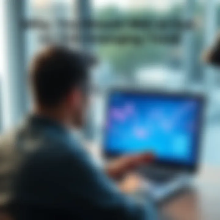 A person observing a digital graph showing rising trends on a laptop