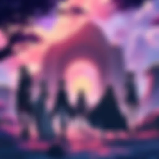 A scene from The Eminence in Shadow showing several characters with unique outfits in a vibrant fantasy landscape
