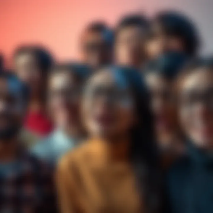 A diverse group of people expressing various emotions including joy, sadness, and anxiety, representing the mood trends of 2025.