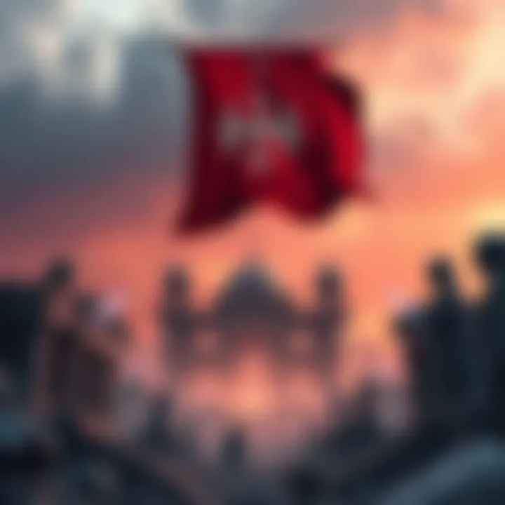 The Empire's banner rises amid the ruins of the Usurper, symbolizing its reclaimed strength and authority.