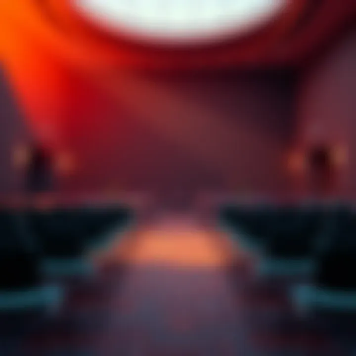 A nearly empty room set up for a gathering with chairs and tables but only a few people present.