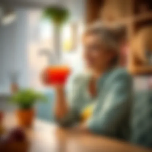 A stay-at-home mom enjoying a healthy drink while looking energized and relaxed at home during the day.