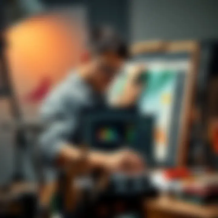 An artist adjusts settings on a digital canvas to improve image clarity and reduce pixelation, surrounded by art tools.