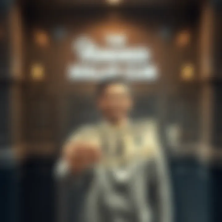 A smiling person holding a hundred dollar bill, symbolizing financial achievement, standing in front of a welcoming door labeled 'Hundred Dollar Club'.