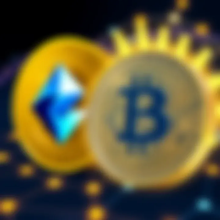Illustration showing the Ergo logo alongside a Bitcoin logo, symbolizing the shift in cryptocurrency focus from Bitcoin to Ergo. The background features a decentralized network graphic.