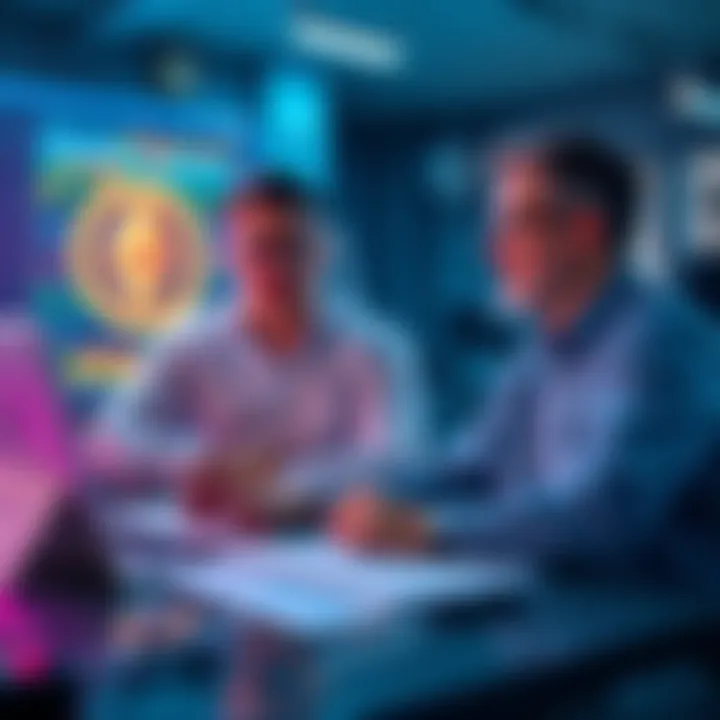 Two people discussing a meme coin project with Ethereum charts on a laptop