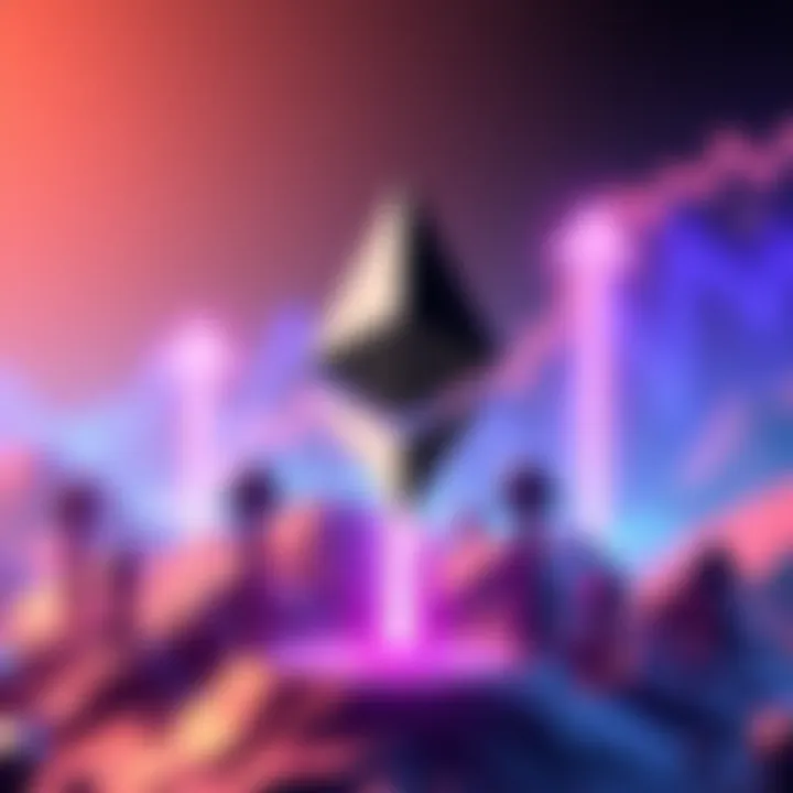 Graphic showing Ethereum logo with upward arrows and a staking theme in the background, symbolizing a bullish market.