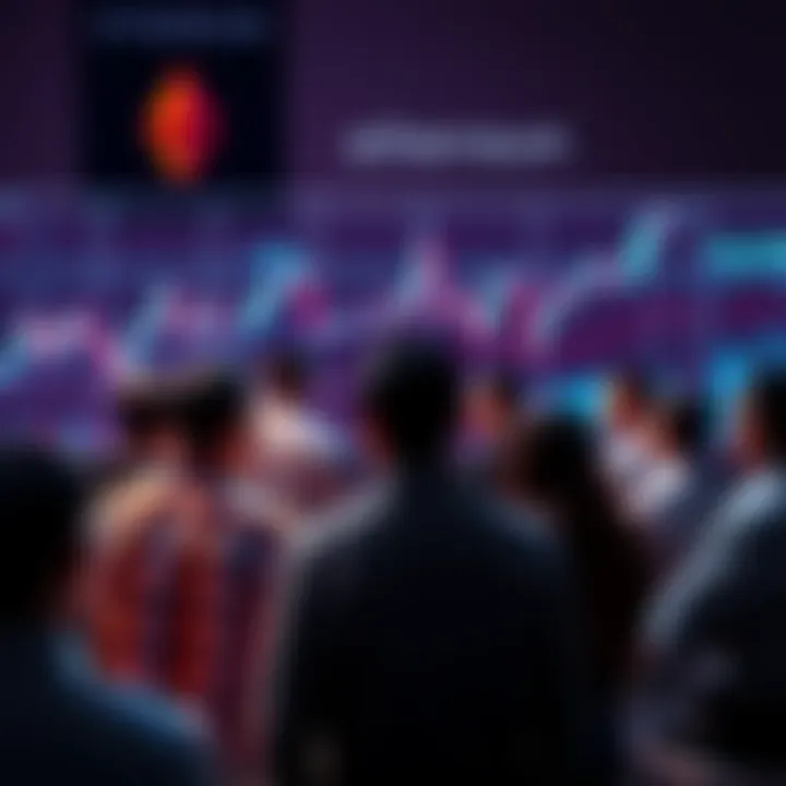 A group of people engaging in discussion about Ethereum, with charts and graphics representing price and news in the background.