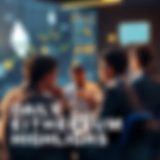 People engaging in a discussion about Ethereum, sharing thoughts and ideas on news and prices, with digital graphics of Ethereum symbols and chat bubbles in the background.