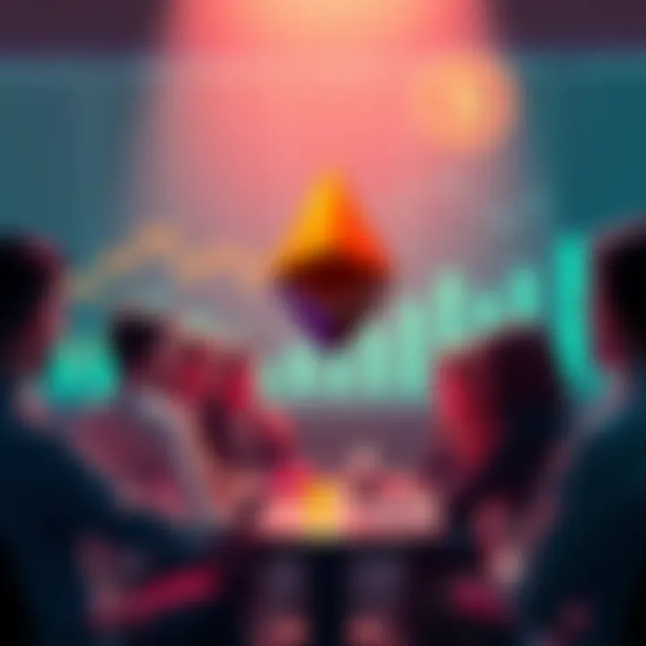 People engaging in a discussion about Ethereum with charts and crypto symbols in the background.