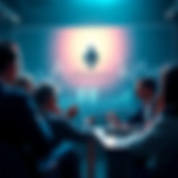 A group of people engaging in a discussion about Ethereum with charts and graphs in the background