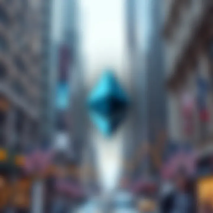 A graph showing Ethereum's price increasing towards $6,000 with a background of Wall Street buildings