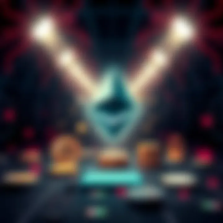 Visual representation of Ethereum's early smart contracts with symbols of locked assets and digital coins from 2015-2017.