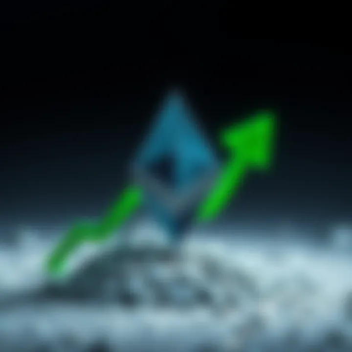 Ethereum symbol with a green upward arrow indicating growth and stability above the $2000 mark.