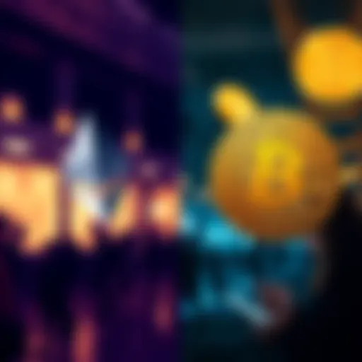 A visual representation comparing Ethereum and Bitcoin, featuring their logos and symbols, with a background showing people using cryptocurrencies in everyday transactions.