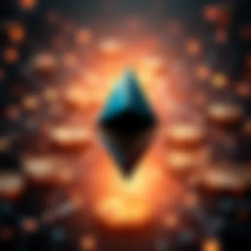 A visual representation of Ethereum blockchain with digital coins and network connections